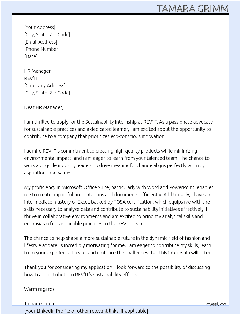Sustainability Internship At REV'IT Cover Letter
