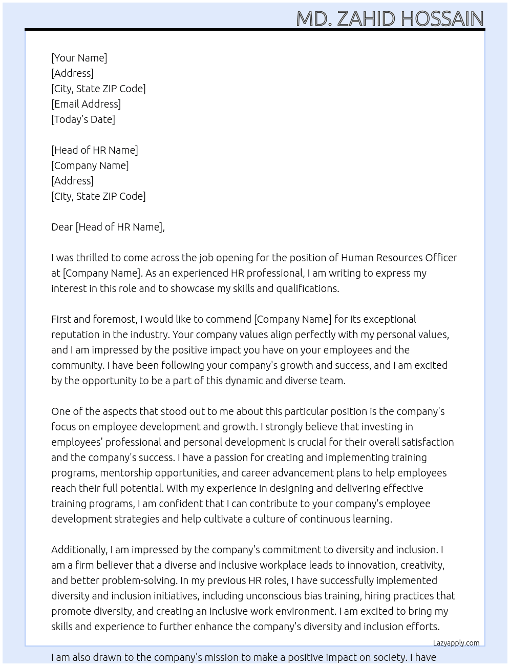 Human Resources Officer At XXX Cover Letter