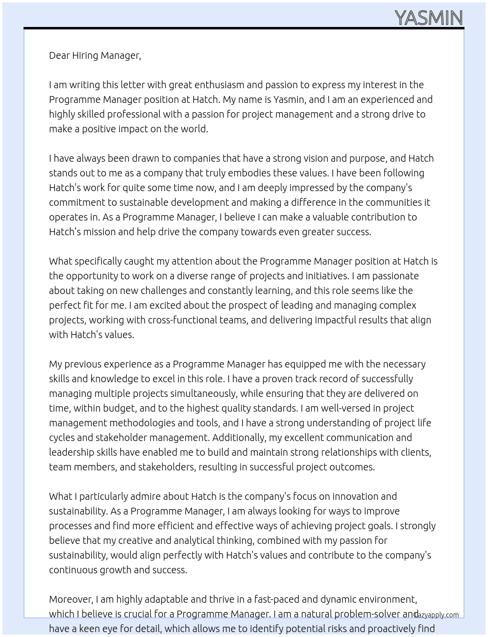 Programme Manager At Hatch Cover Letter