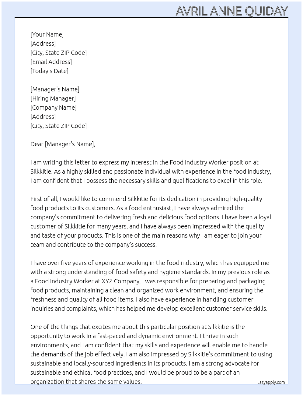 Food Industry Worker At Silkkitie Cover Letter