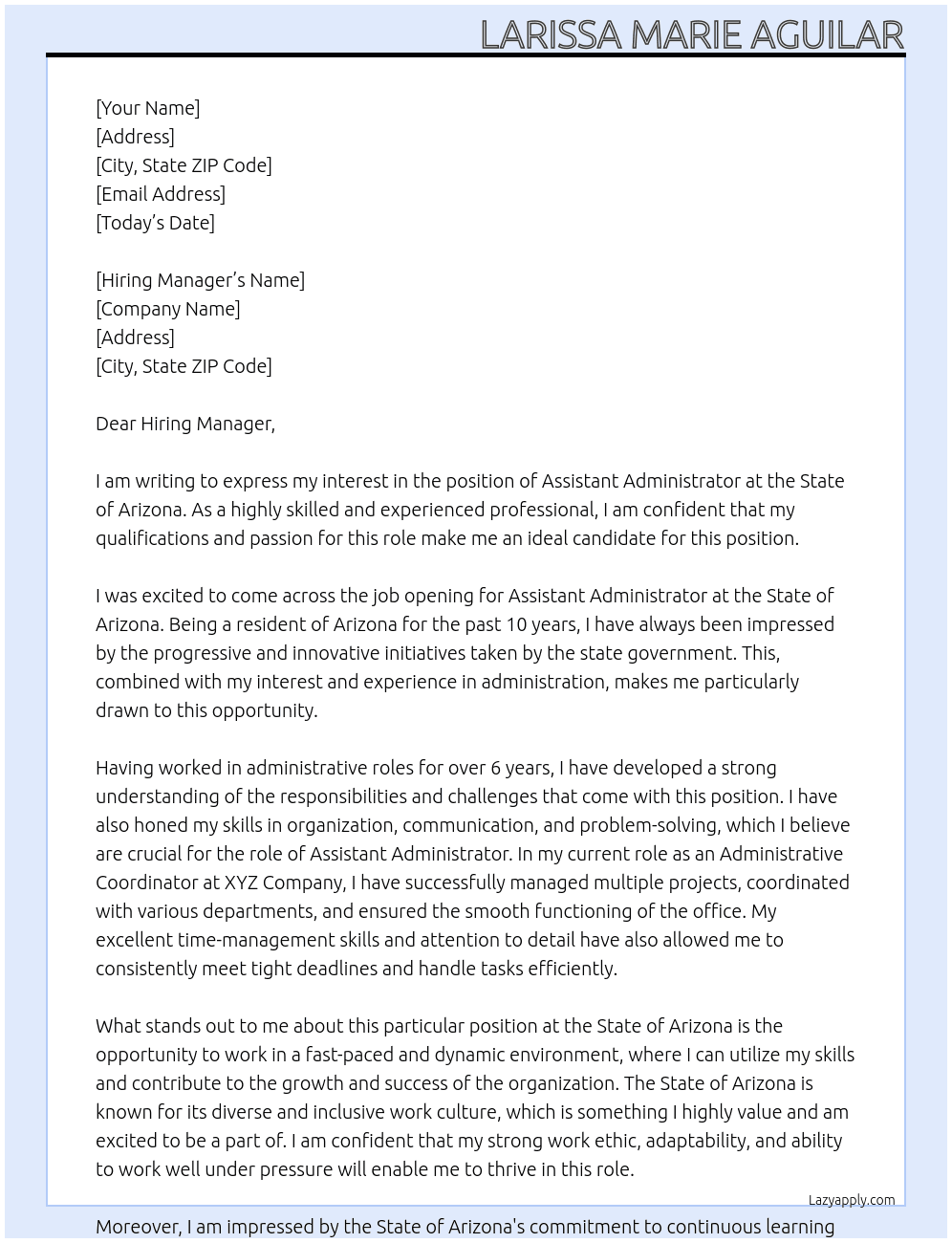 Assistant Administrator  At State of Arizona Cover Letter