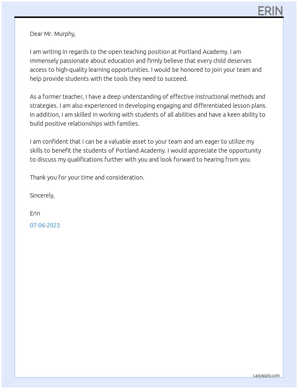 Teacher At Portland Academy  Cover Letter