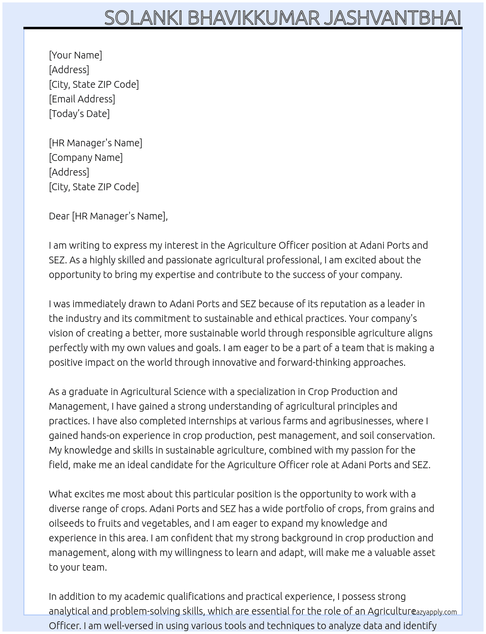 Agriculture officer At Adani Ports and SEZ Cover Letter
