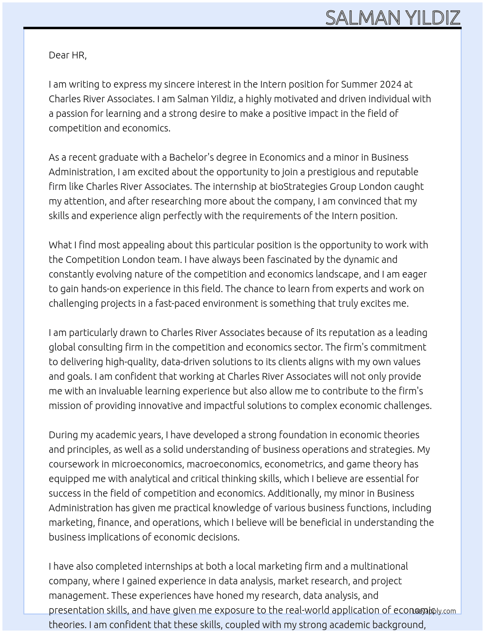 Intern (Summer 2024) - Competition London.- job post bioStrategies Group London Full-time, Internship bioStrategies Group London At Charles River Associates Cover Letter