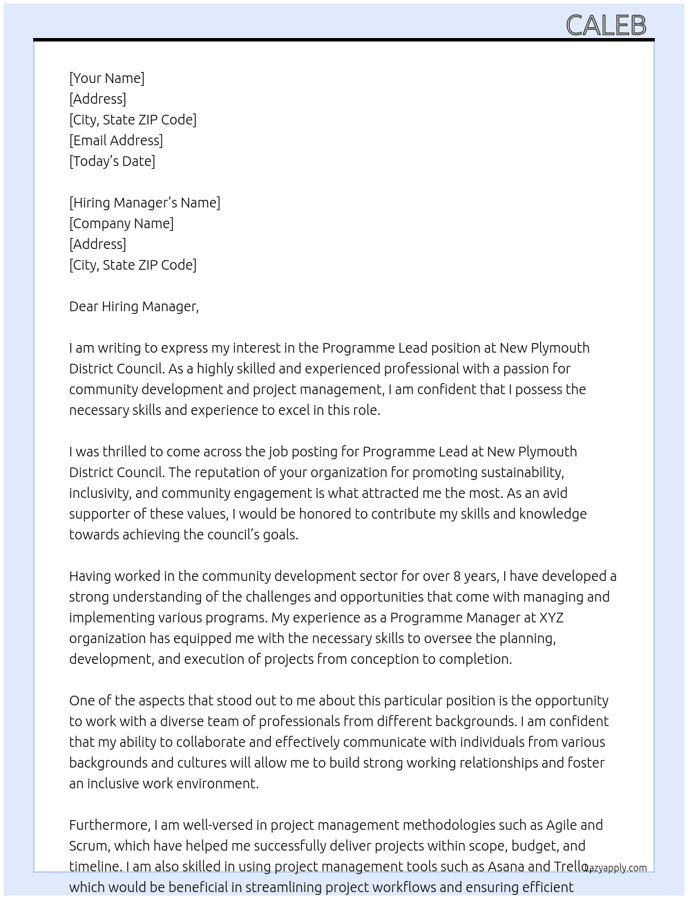 Programme Lead At New Plymouth District Council Cover Letter