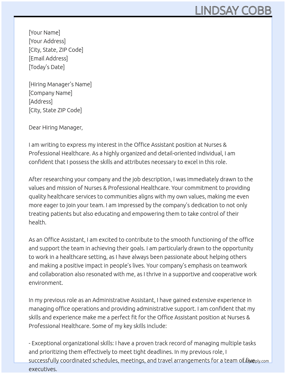 Office Assistant  At Nurses & Professional Healthcare Cover Letter