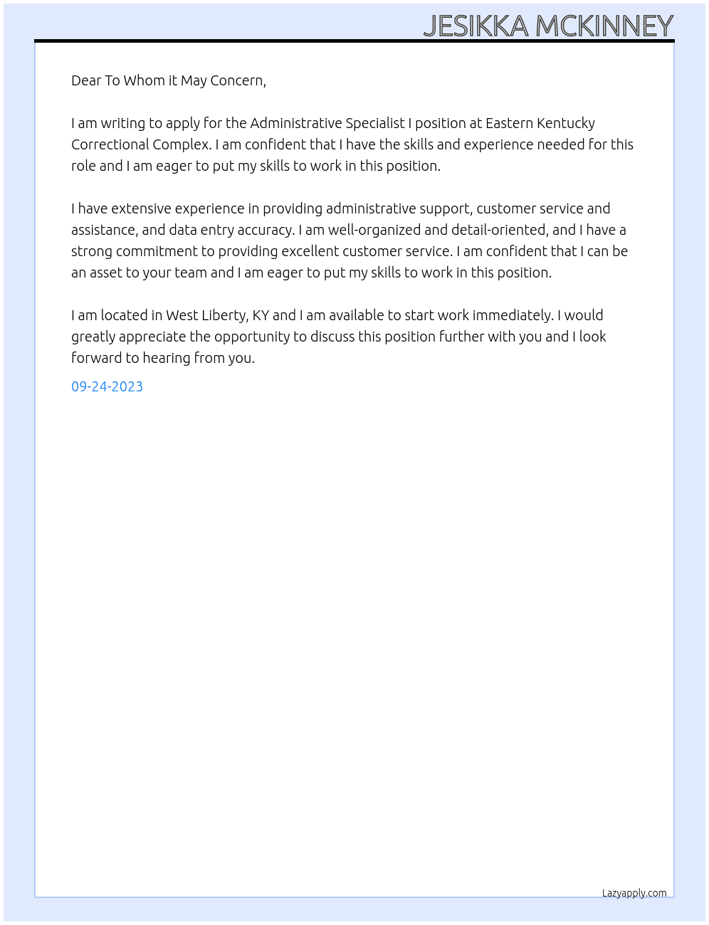 Administrative Specialist I At Eastern Kentucky Correctional Complex Cover Letter