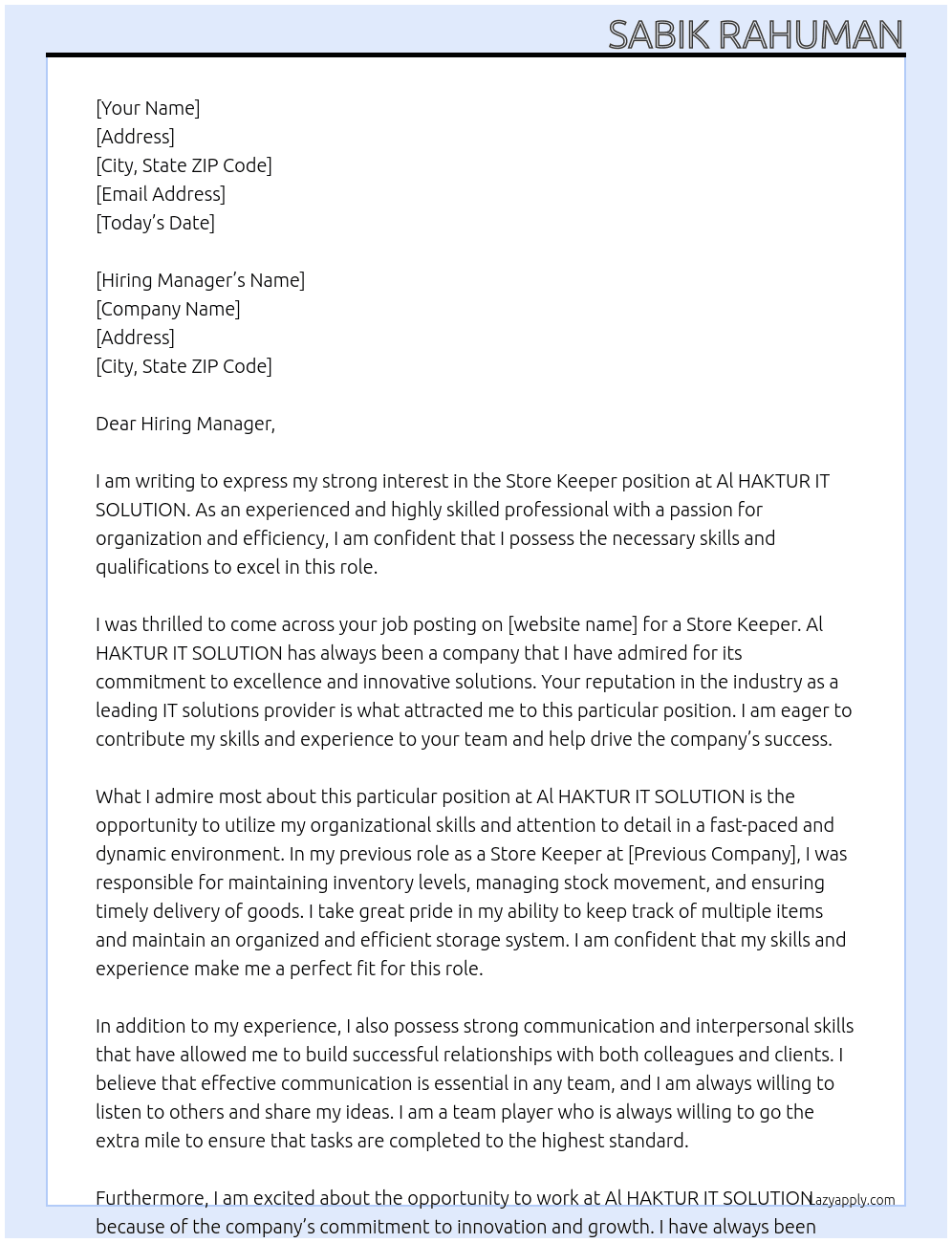 Store keeper  At Al HAKTUR IT SOLUTION  Cover Letter