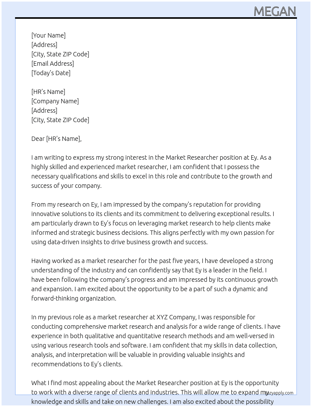 Market researcher At Ey Cover Letter