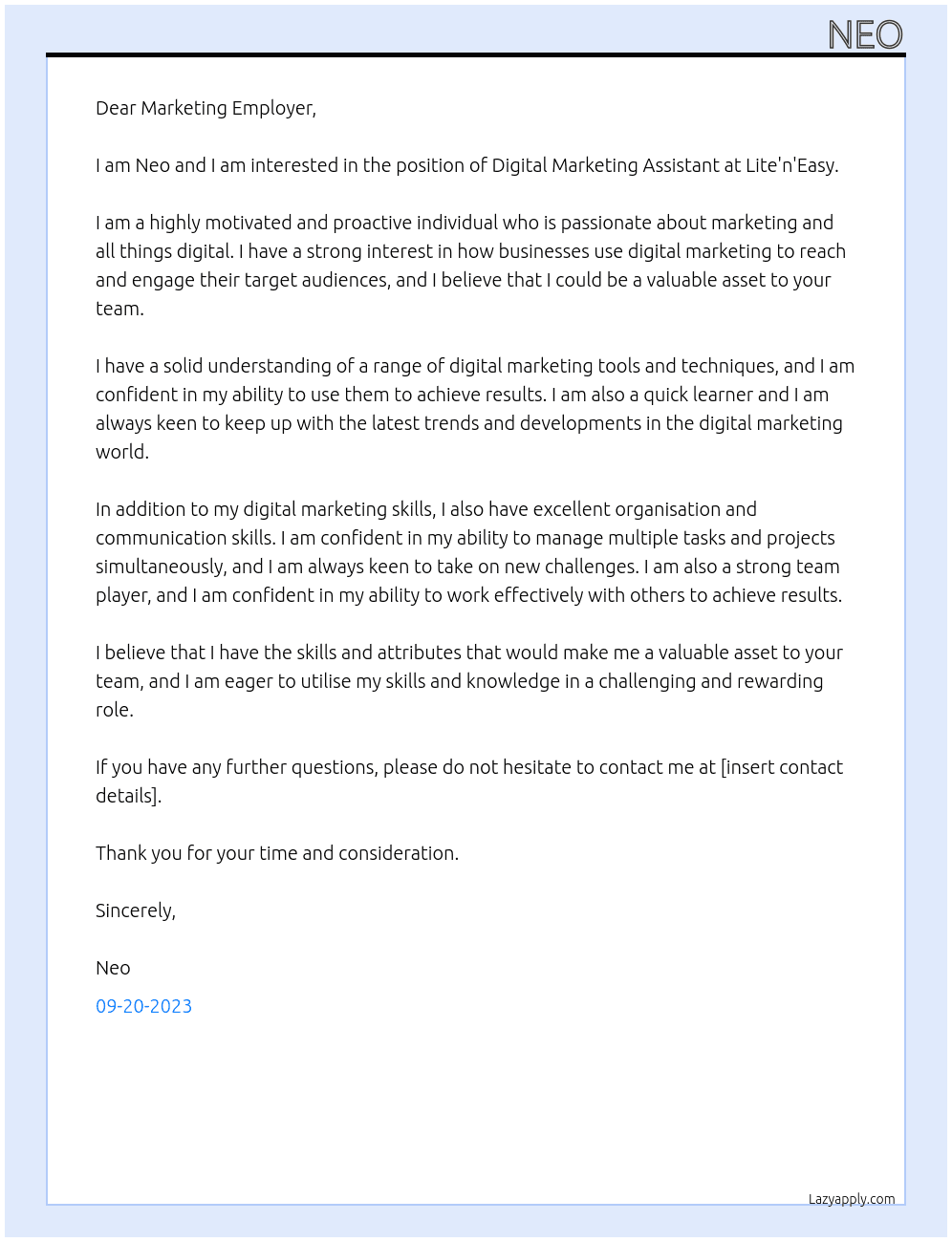 Digital Marketing Assistant At Lite'n'Easy Cover Letter