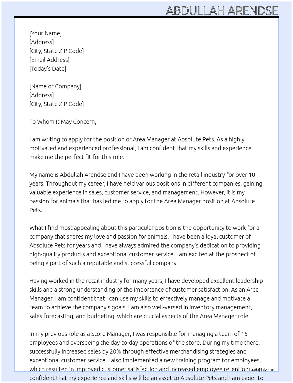 Area manager  At Absolute Pets Cover Letter