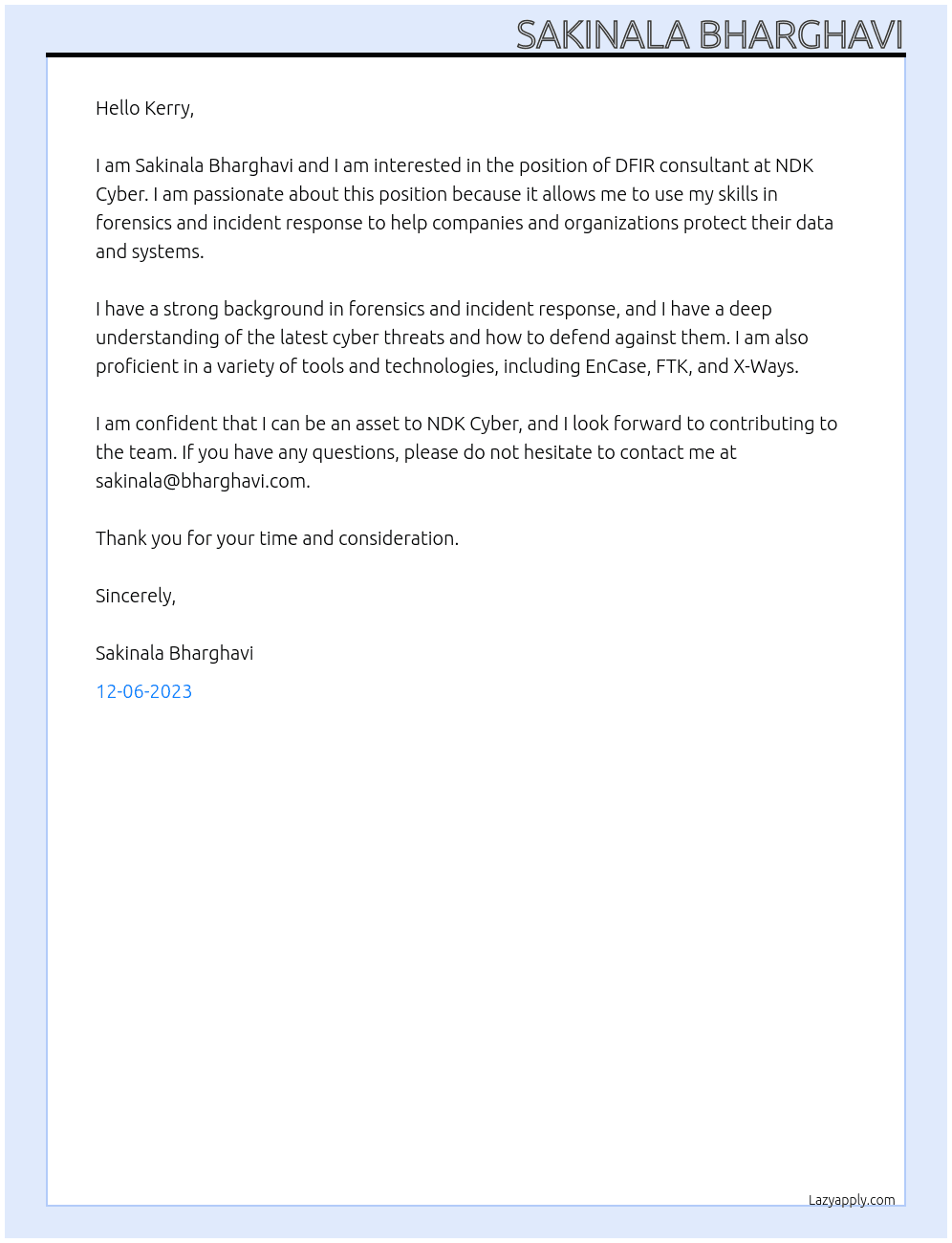 DFIR consultant At NDK Cyber Cover Letter