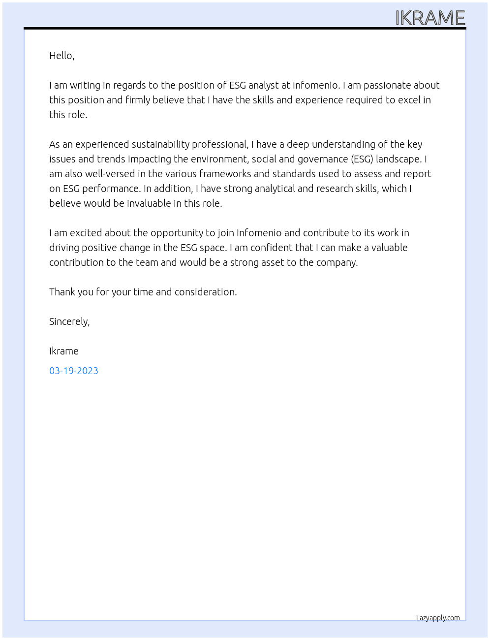 esg analyst At Infomenio Cover Letter