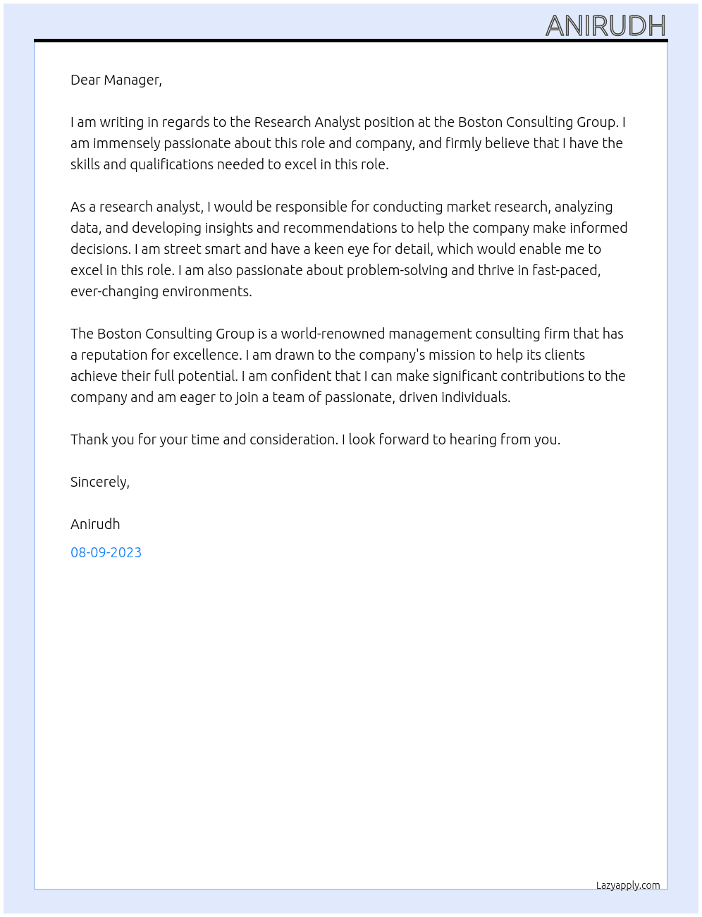 Research Analyst At BOSTON CONSULTING GROUP Cover Letter
