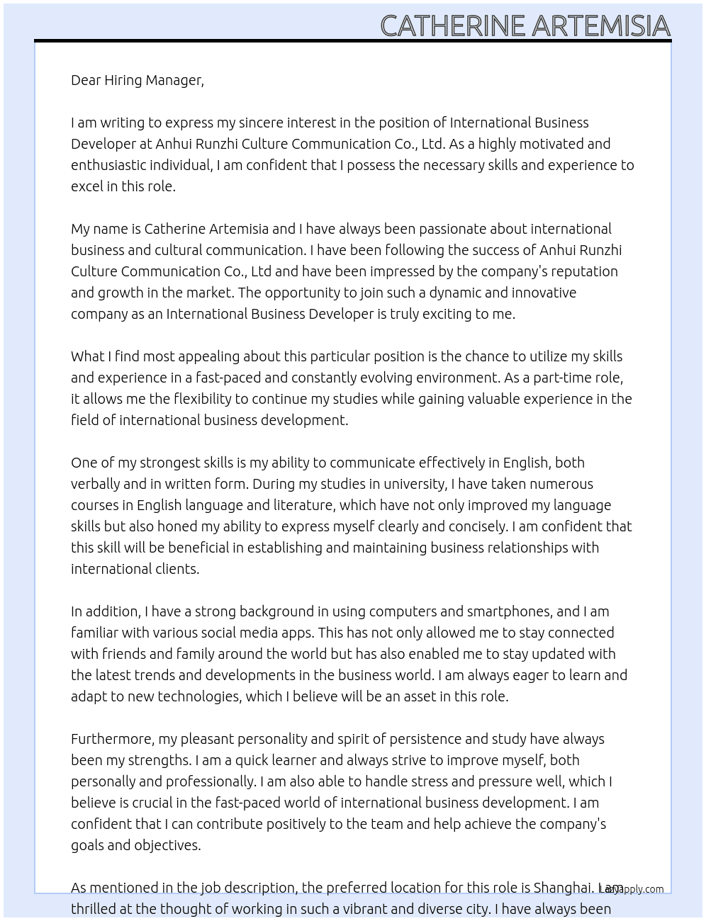 International Business Developer At  Anhui Runzhi Culture Communication Co., Ltd Cover Letter