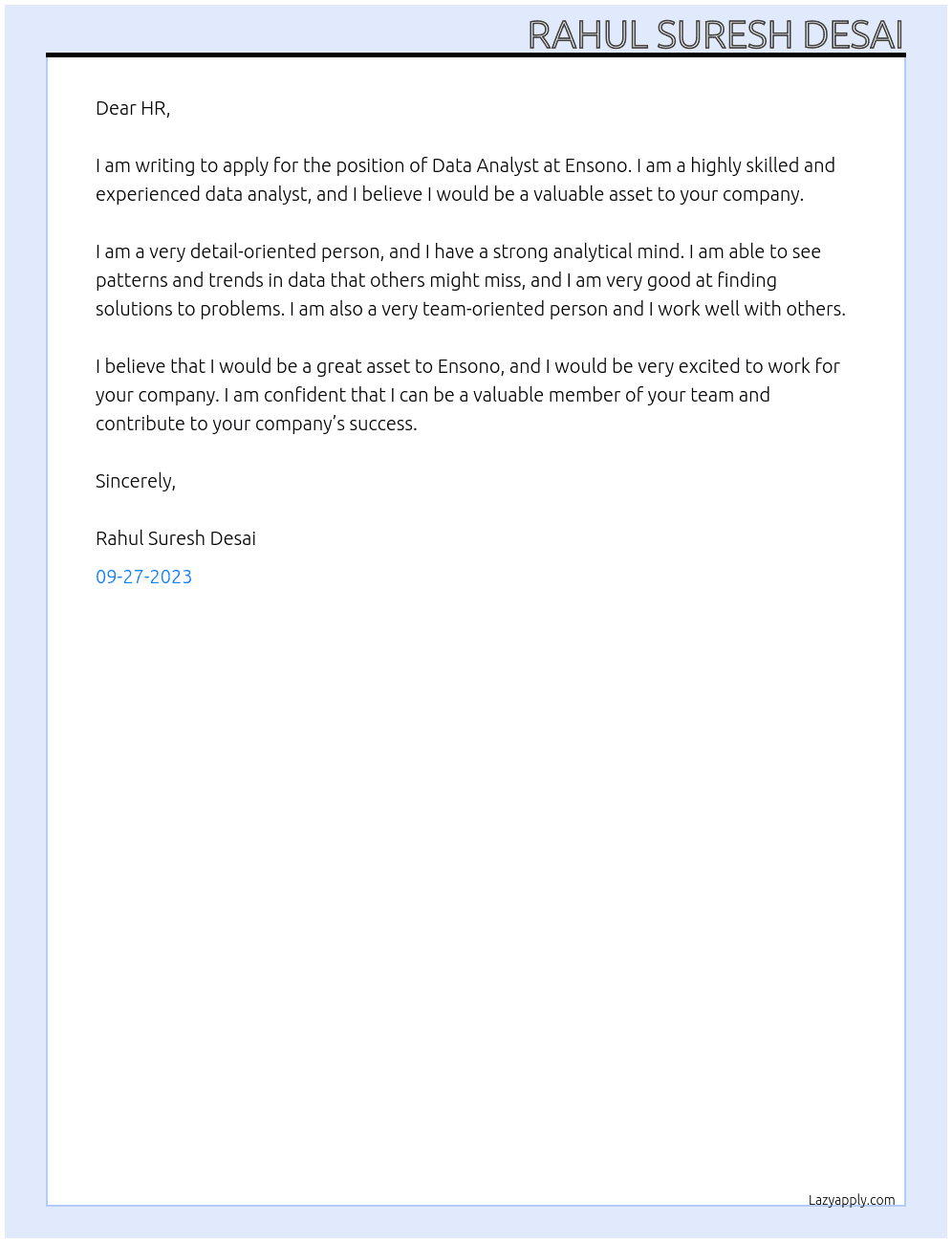 Data analyst  At Ensono  Cover Letter