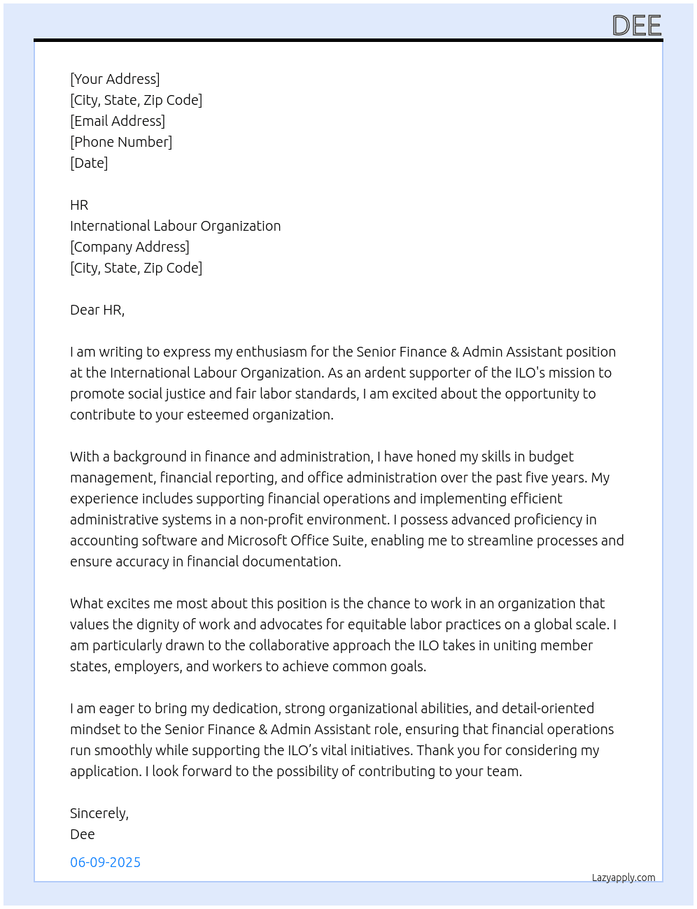Senior Finance & Admin Assistant At International Labour Organization Cover Letter