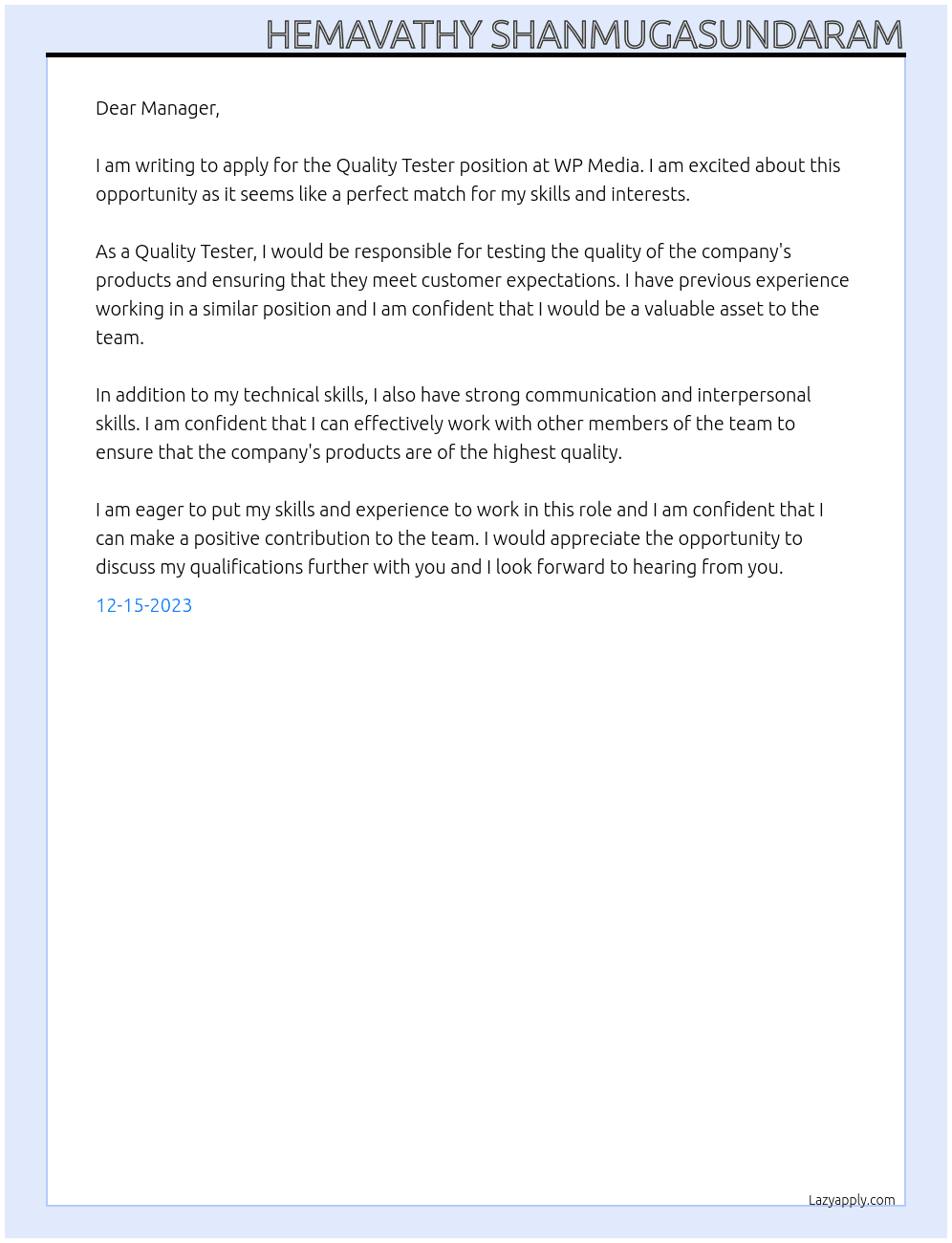 Quality Tester At WP Media Cover Letter