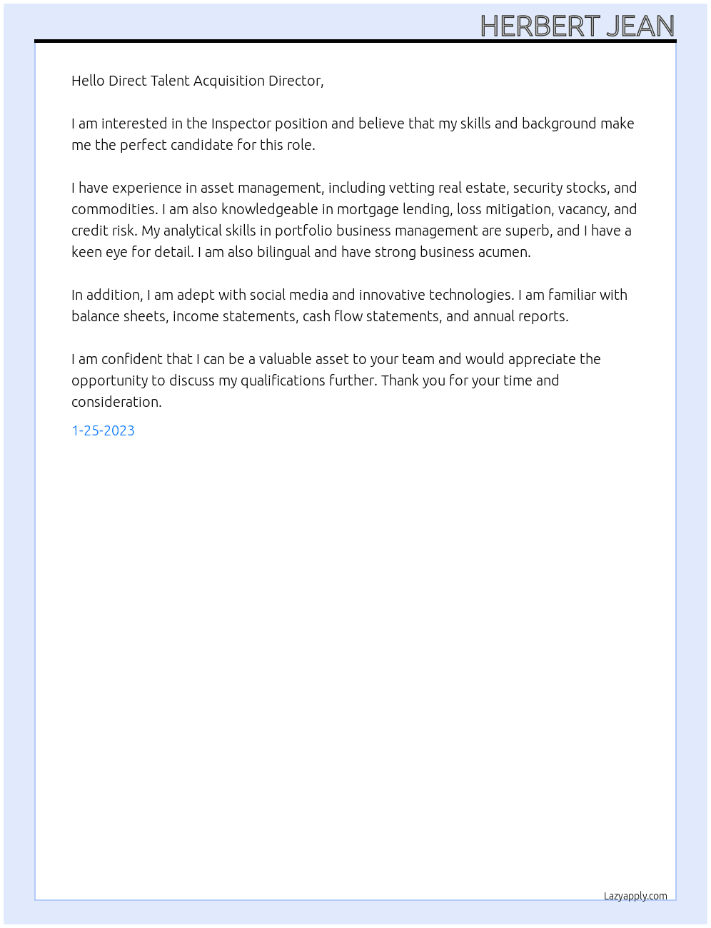 Inspector At Direct Cover Letter