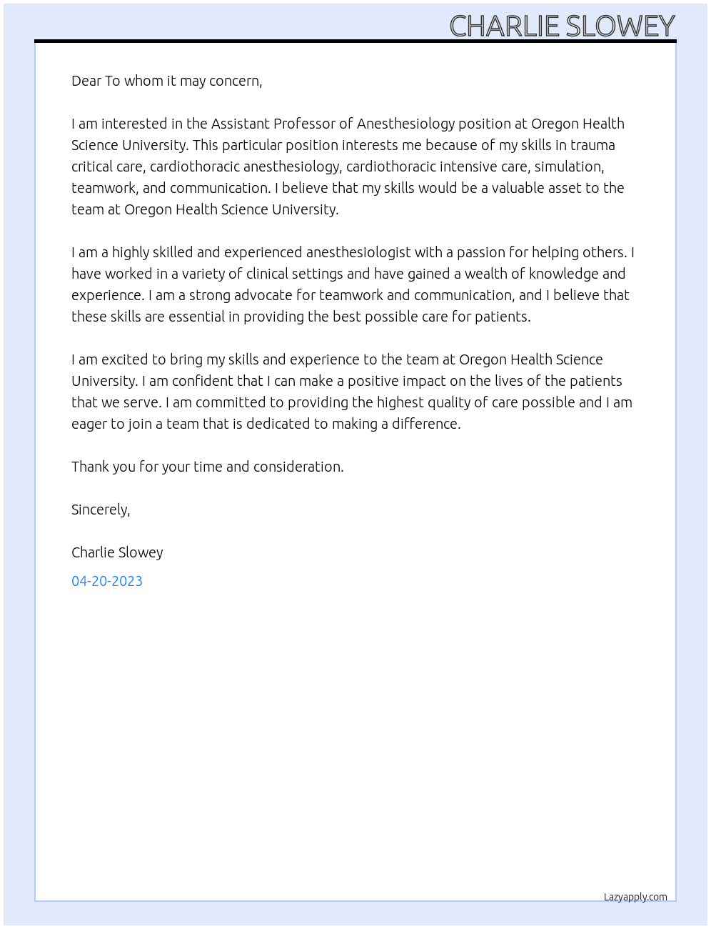 Assistant Professor of Anesthesiology At Oregon Health Science University Cover Letter