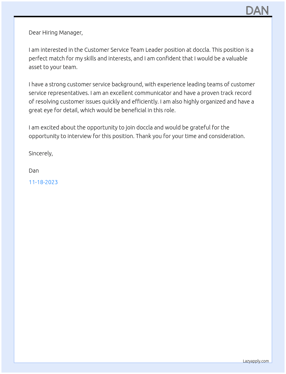 Customer Service Team Leader At doccla Cover Letter