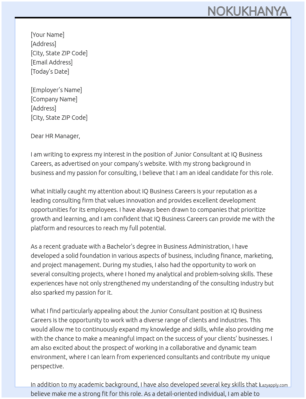 Junior Consultant  At IQ Business Careers  Cover Letter