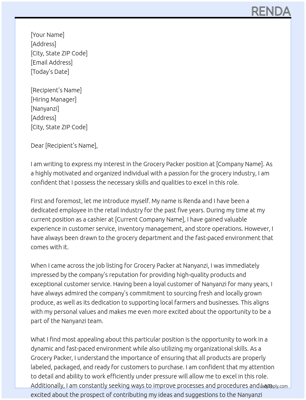 Grocery packer At Nanyanzi Cover Letter