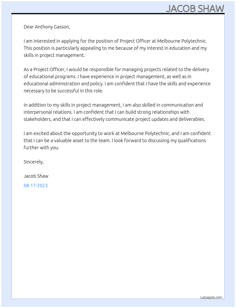 Project Officer At Melbourne Polytechnic Cover Letter