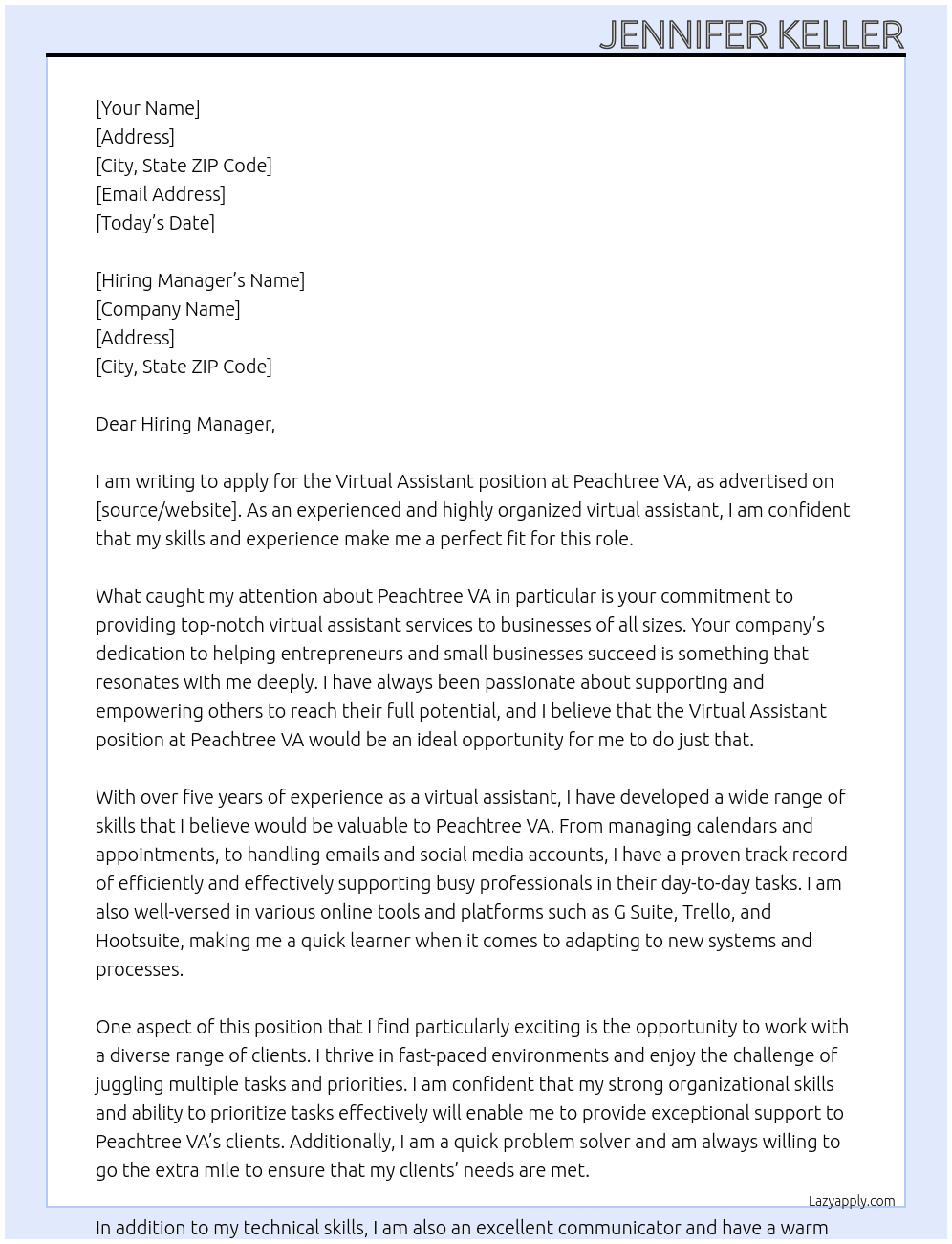Virtual Assistant At Peachtree VA Cover Letter