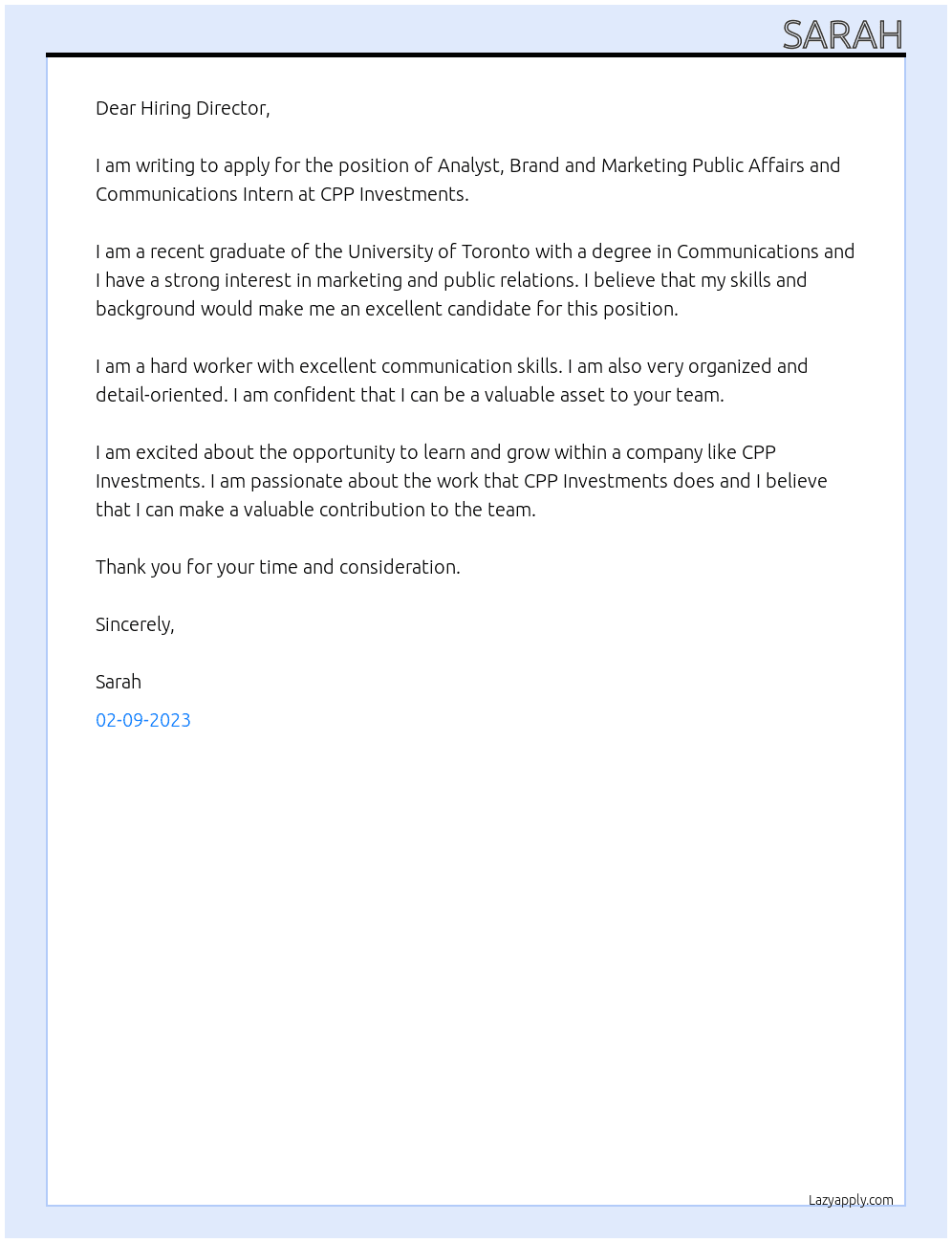 Analyst, Brand and Marketing Public Affairs and Communications Intern At CPP Investments  Cover Letter