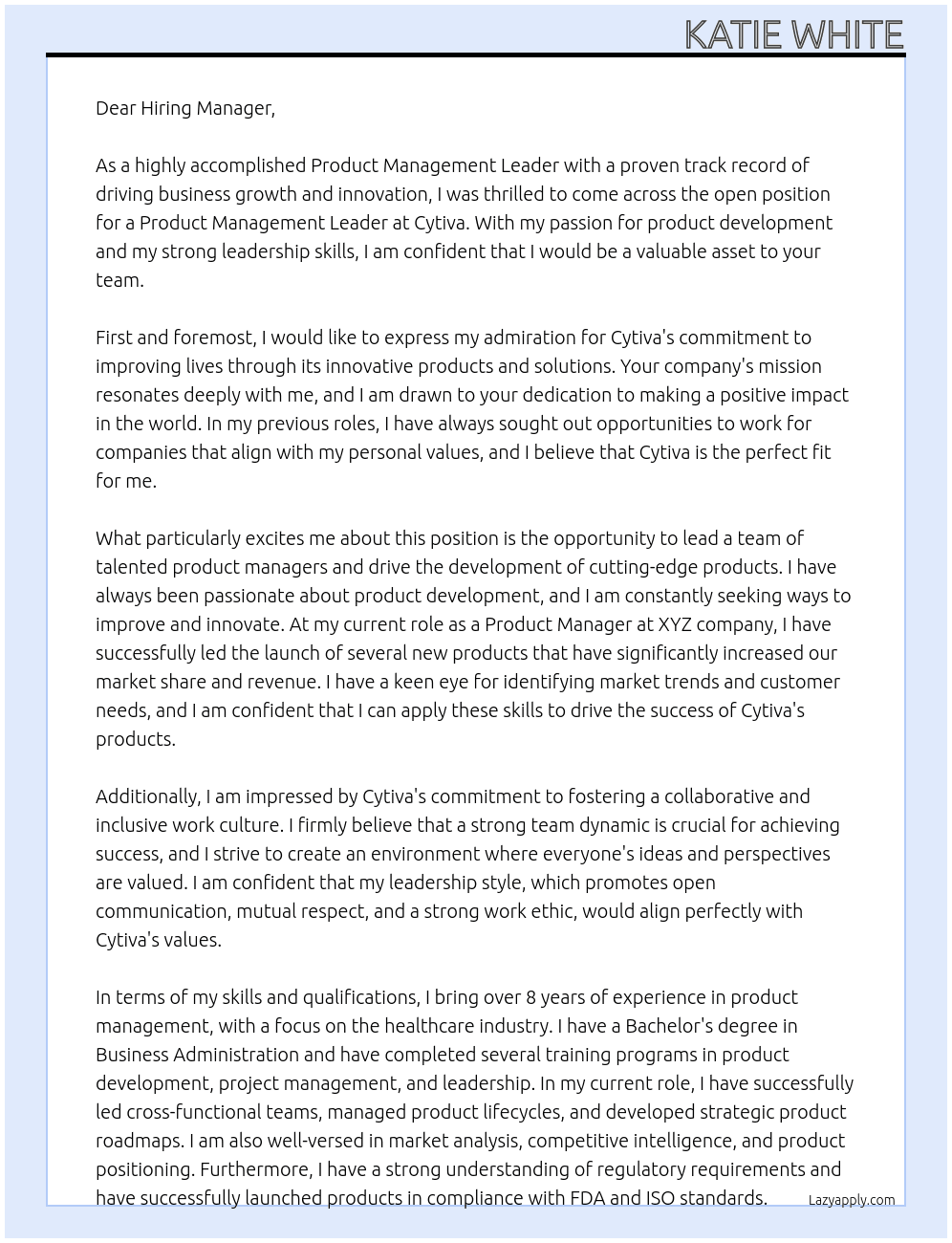 Product Management Leader At Cytiva Cover Letter