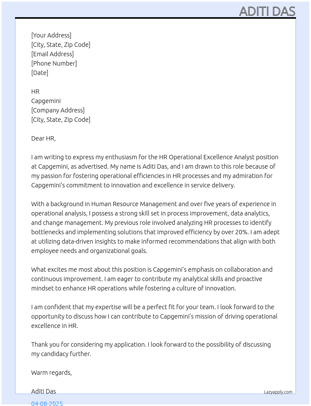 Cover letter for hr operational excellence analyst - LazyApply