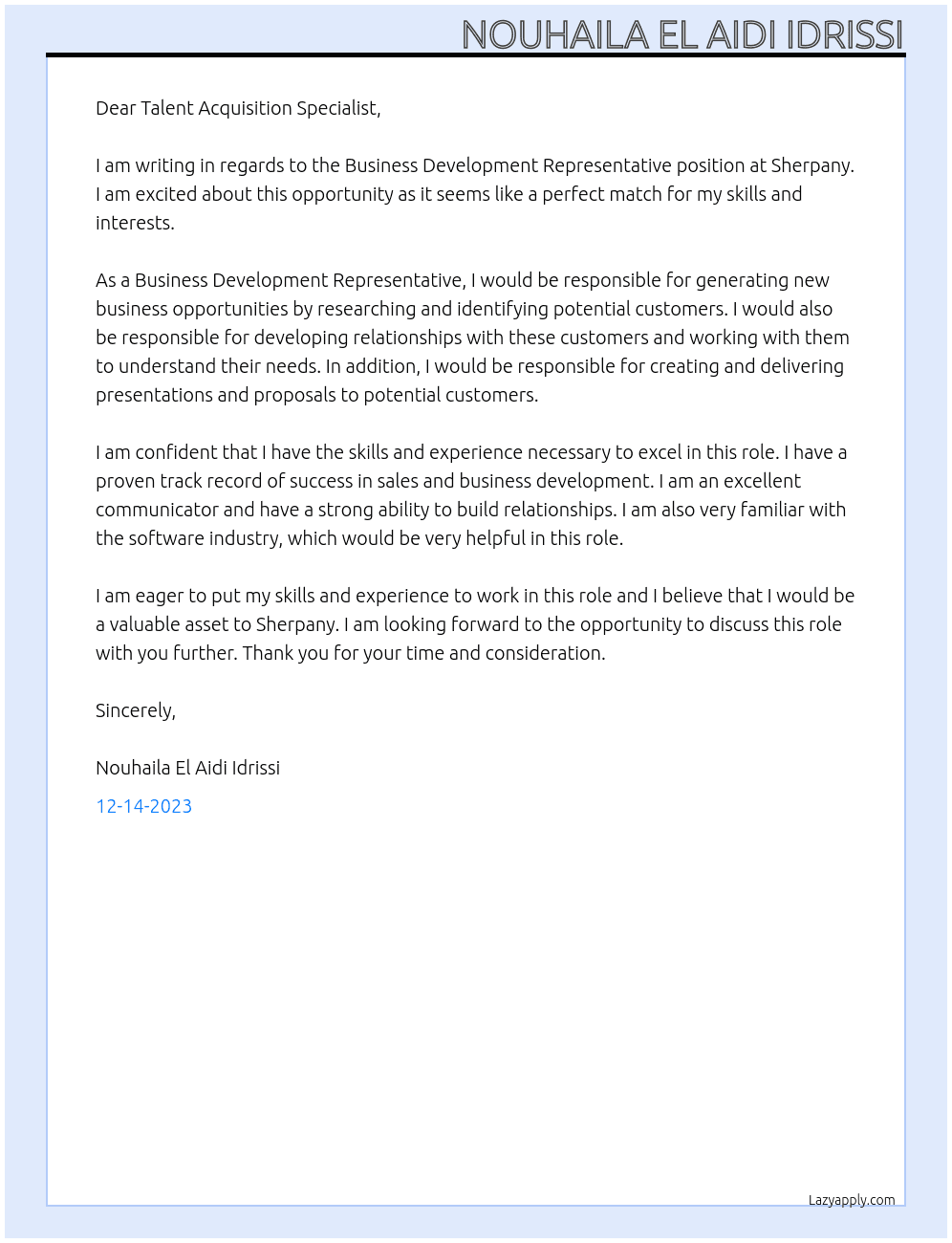 Business Development Representative At Sherpany Cover Letter