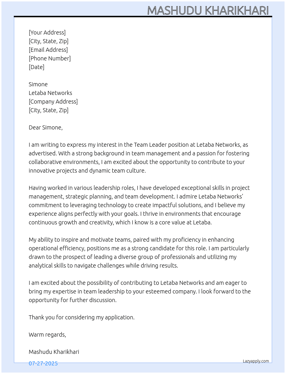 Team Leader  At Letaba Networks  Cover Letter