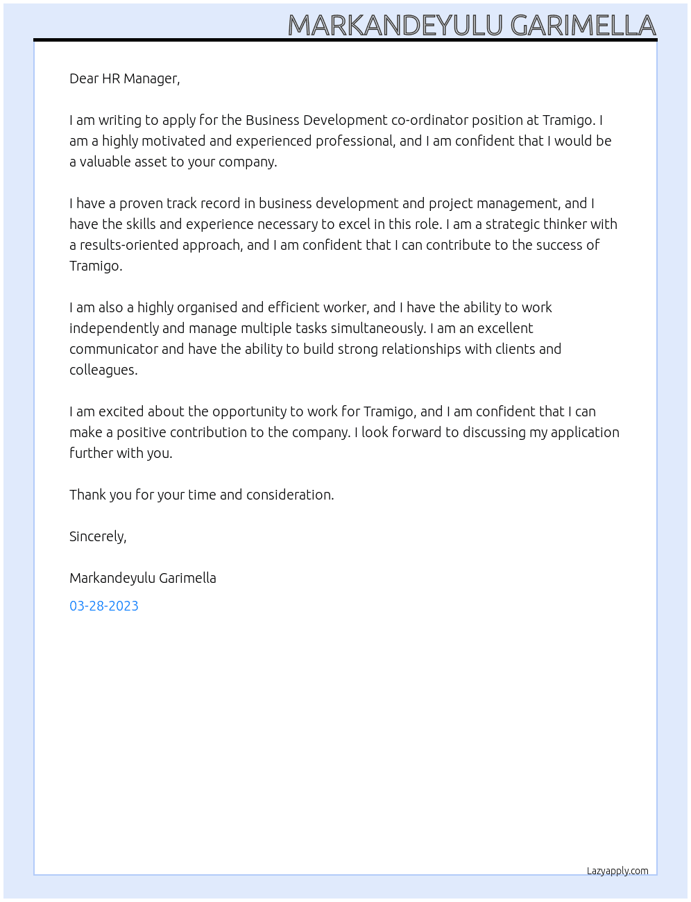 Business Development co-ordinator At Tramigo Cover Letter