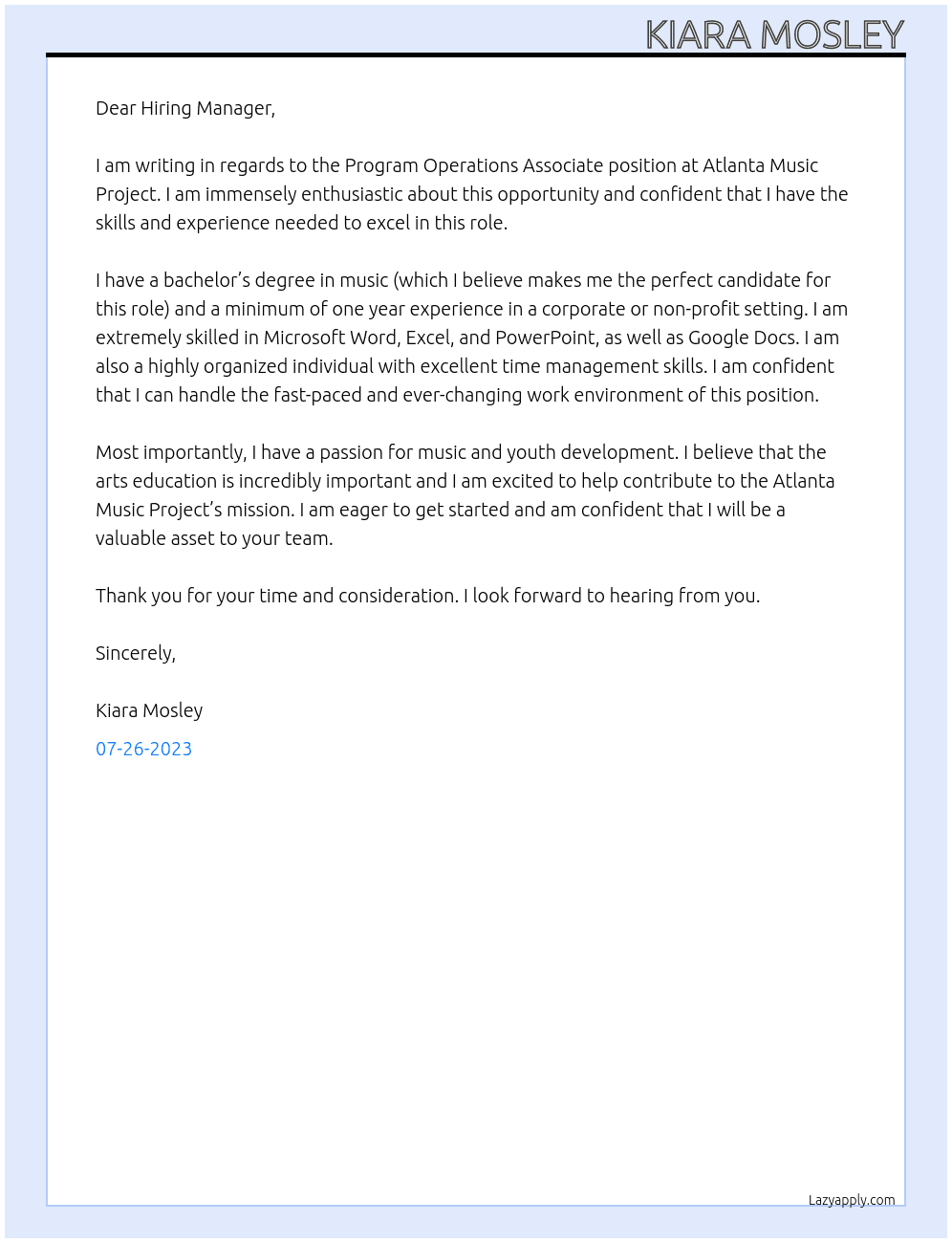 Program Operations Associate  At Atlanta Music Project  Cover Letter