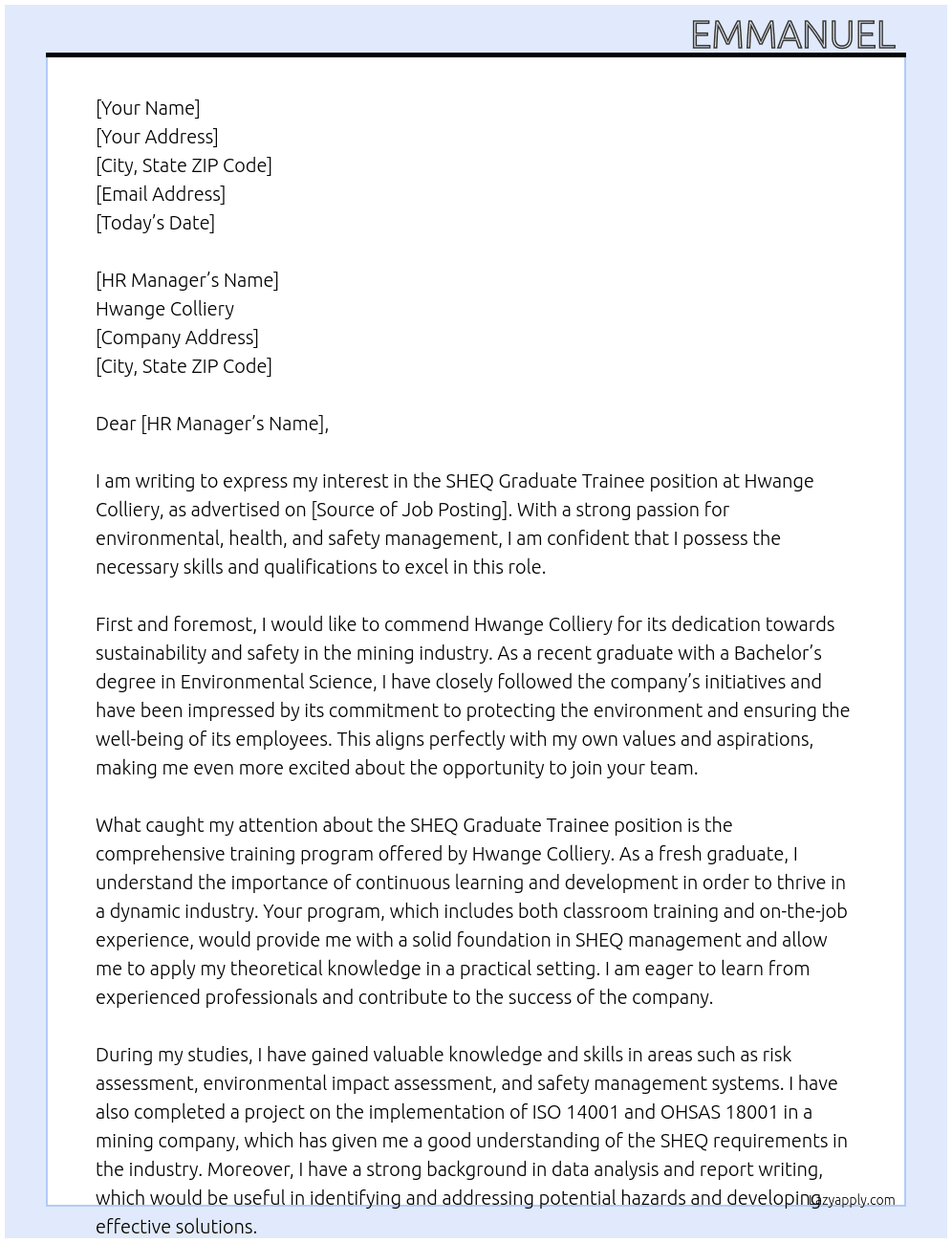 Cover letter for sheq graduate trainee - LazyApply