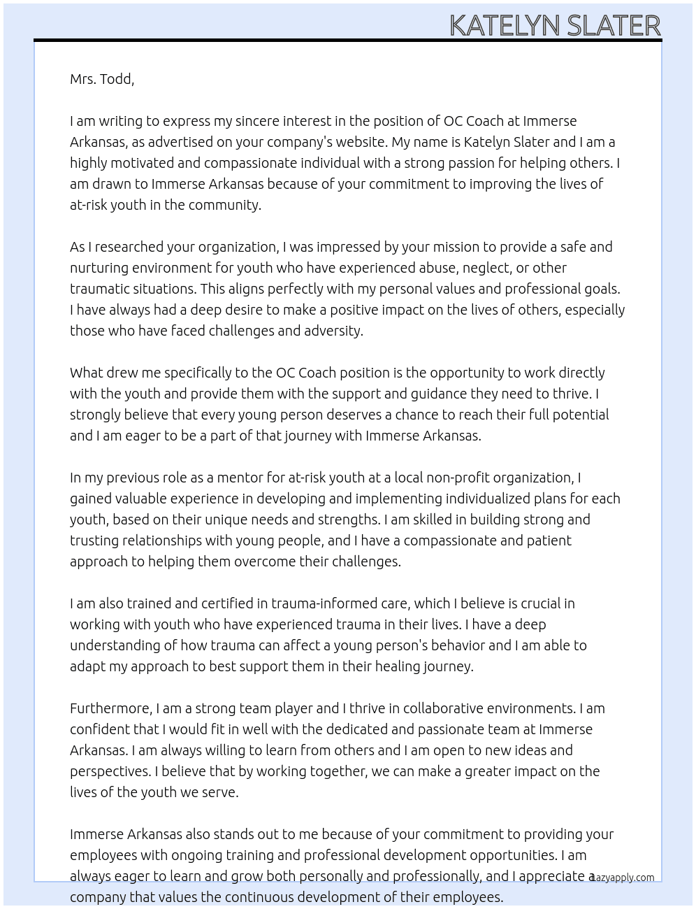 OC Coach At Immerse Arkansas Cover Letter