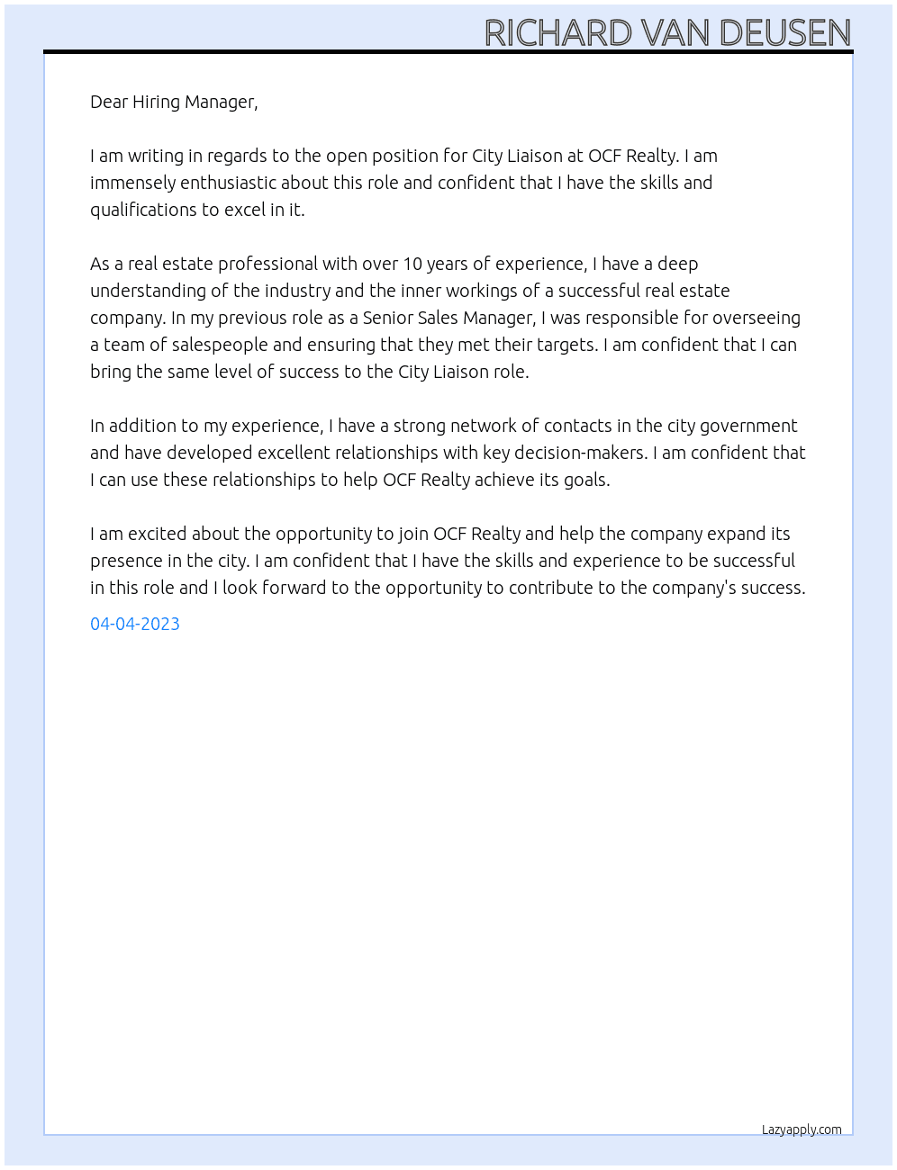 City Liaison At OCF Realty Cover Letter