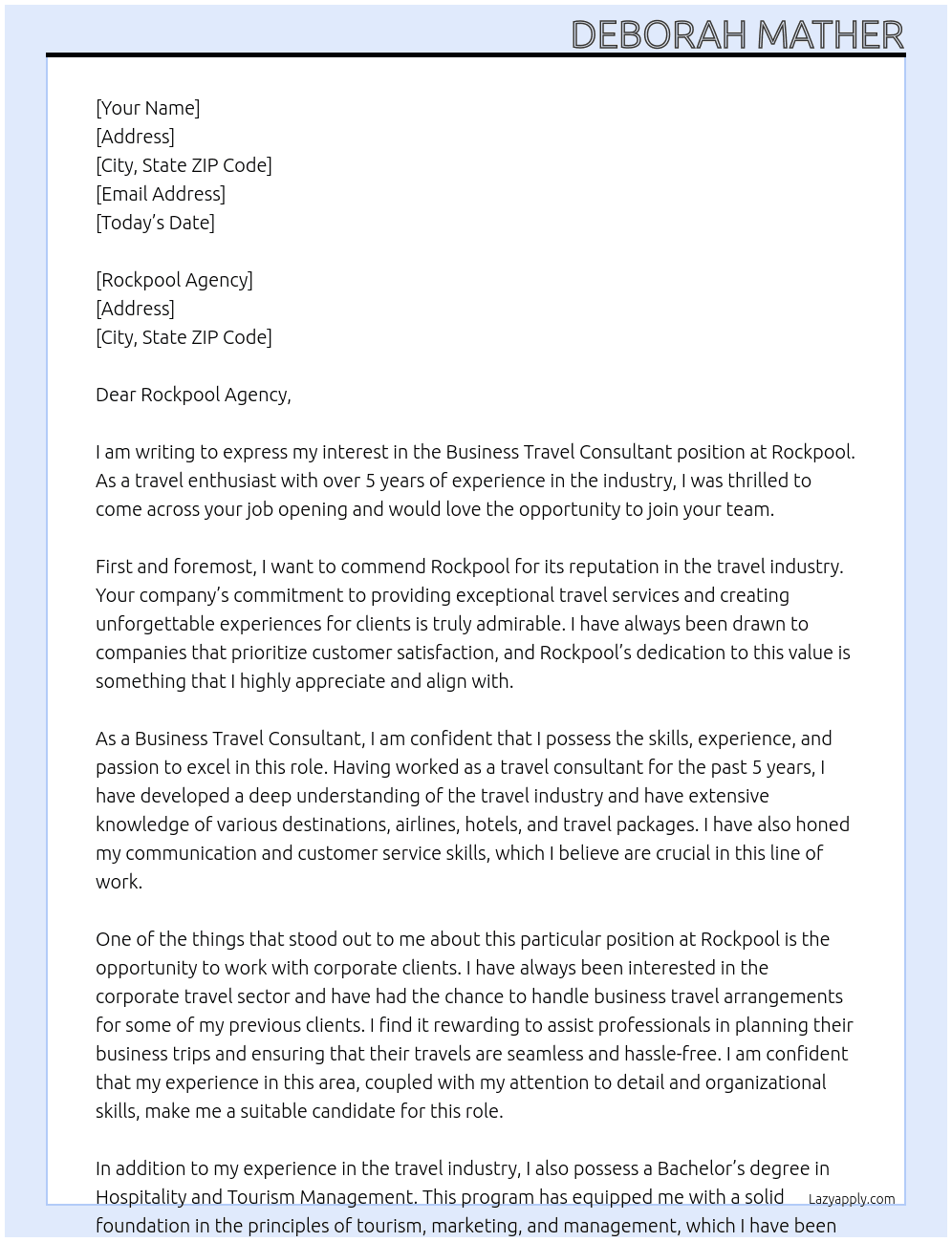 Business Travel Consultant At Rockpool Cover Letter
