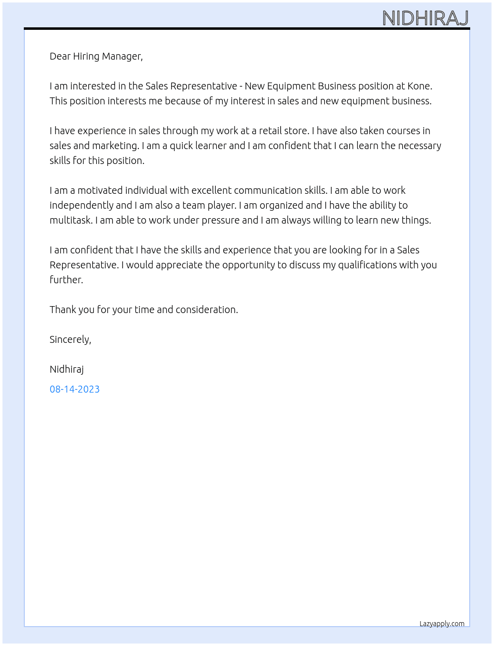 Sales representative - New equipment business  At Kone Cover Letter