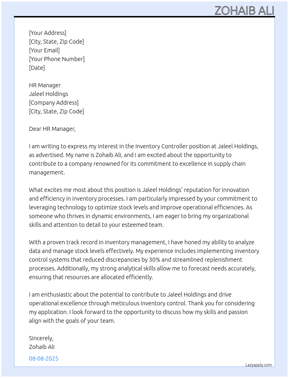 Inventory controller  At Jaleel holdings  Cover Letter