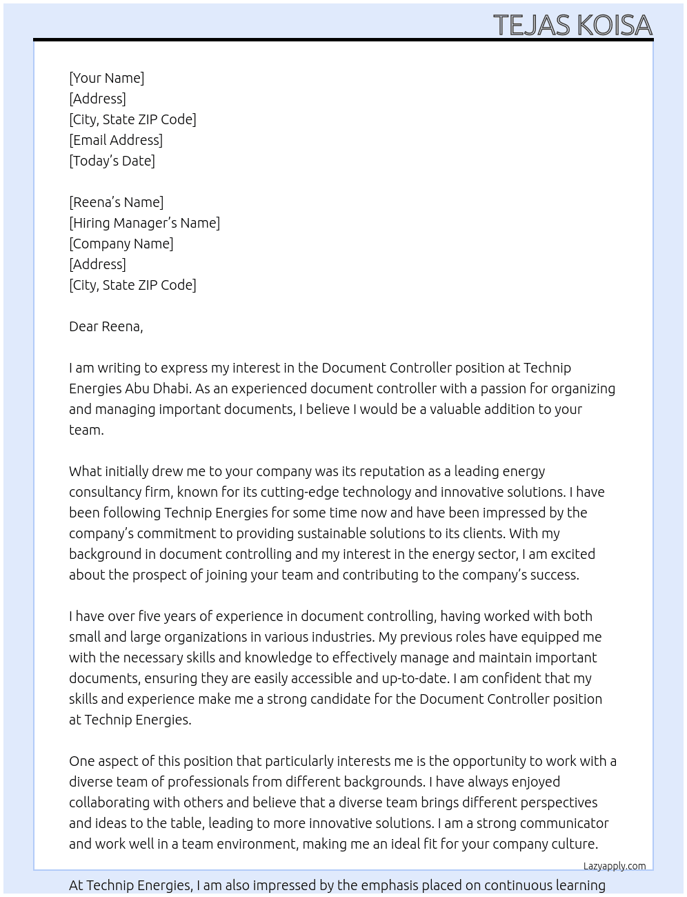 Document Controller At Technip Energies Abu Dhabi Cover Letter