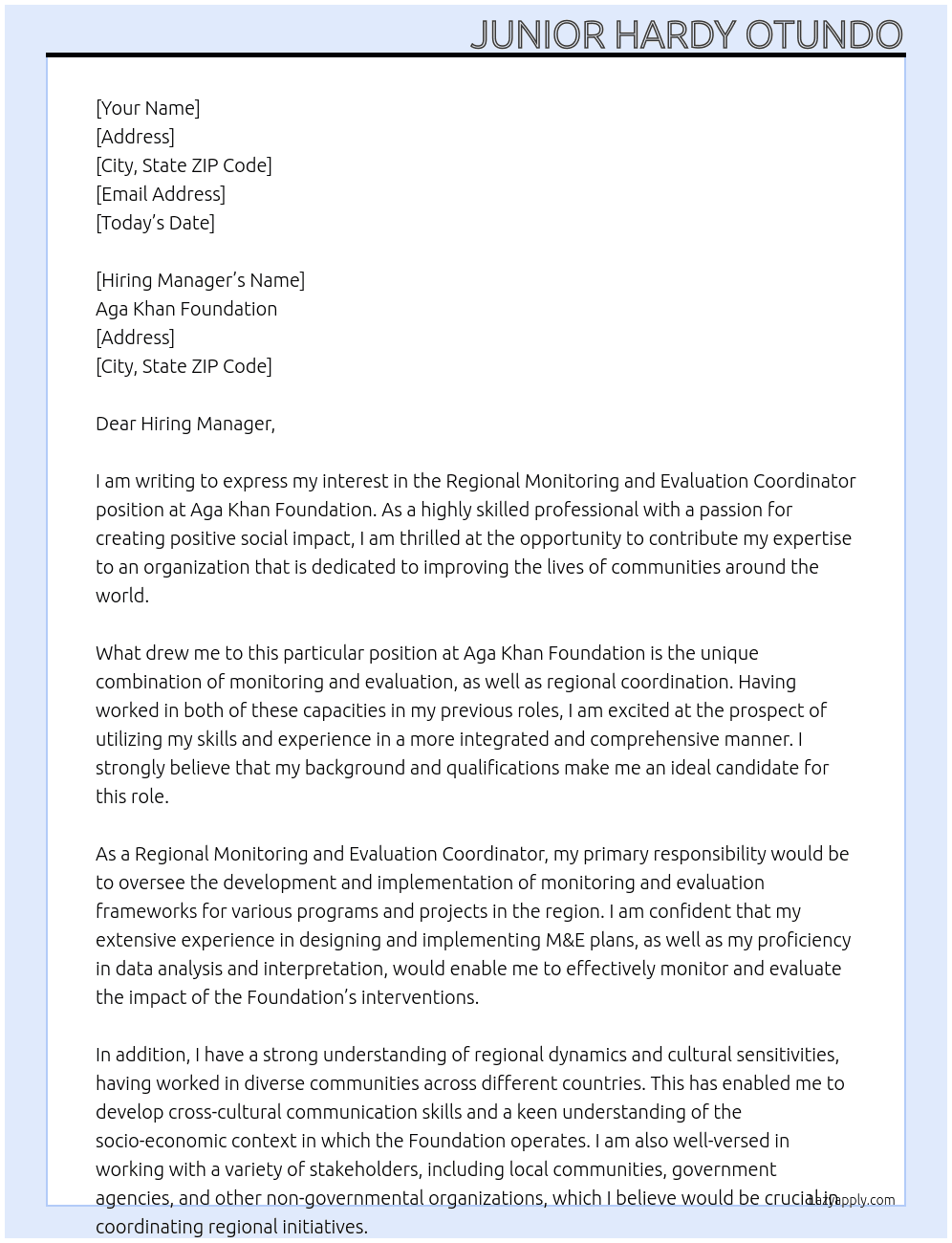 Regional Monitoring And Evaluation Coordinator At Aga Khan Foundation Cover Letter