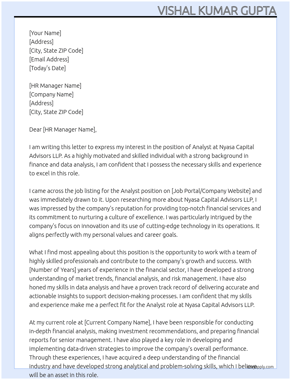 Analyst At Nyasa Capital Advisors LLP Cover Letter