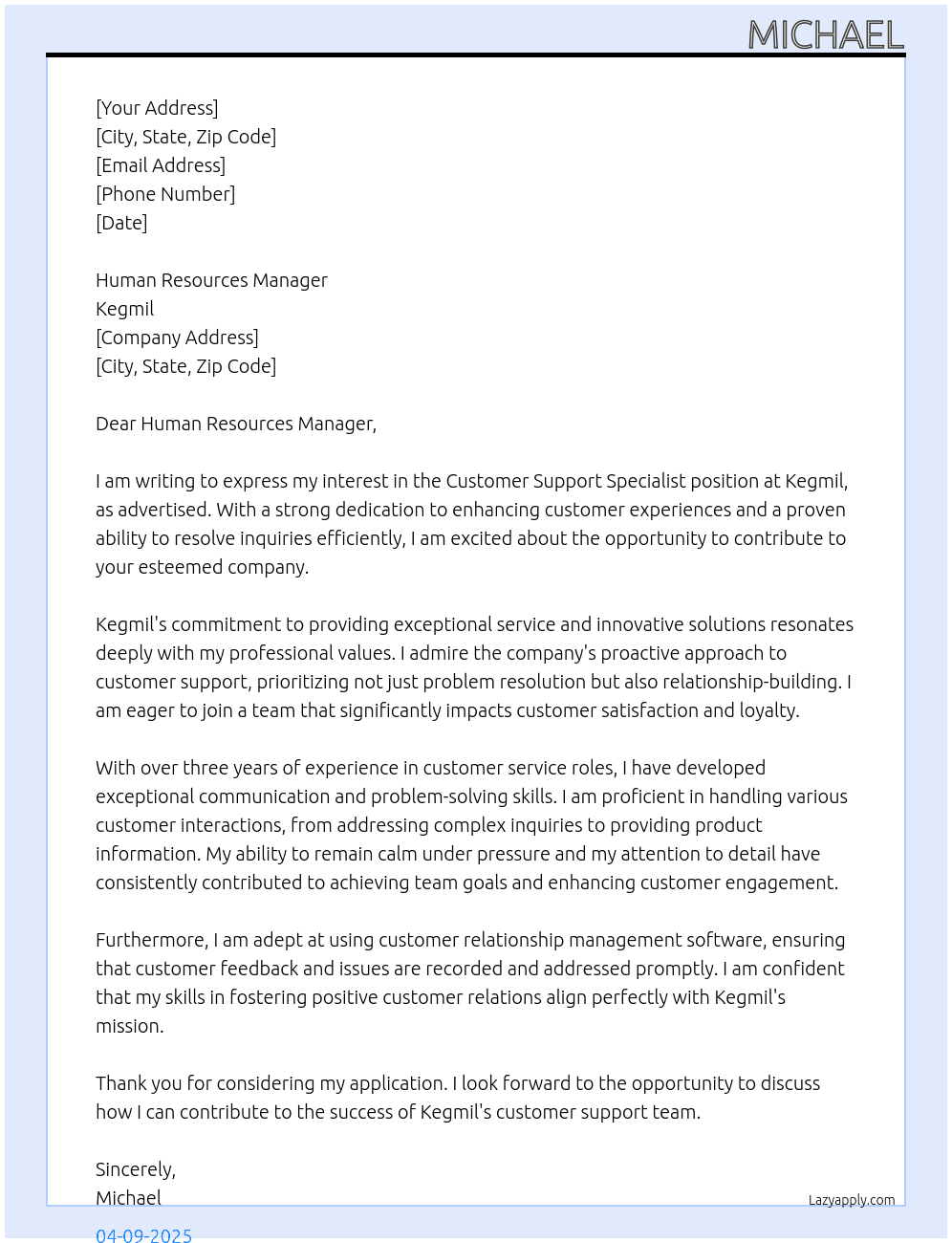 Customer Support Specialist At Kegmil Cover Letter