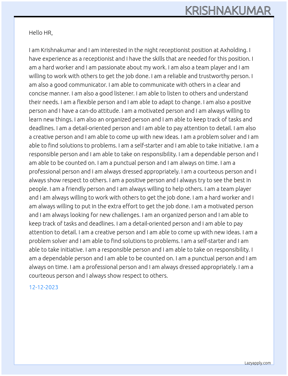 Night receptionist  At Axholding Cover Letter