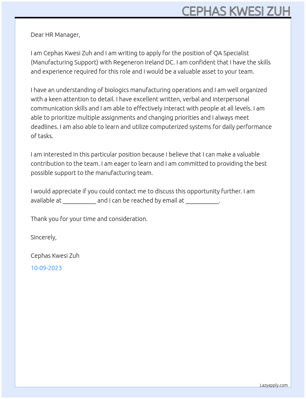 QA Specialist (Manufacturing Support) At Regeneron Ireland DC Cover Letter