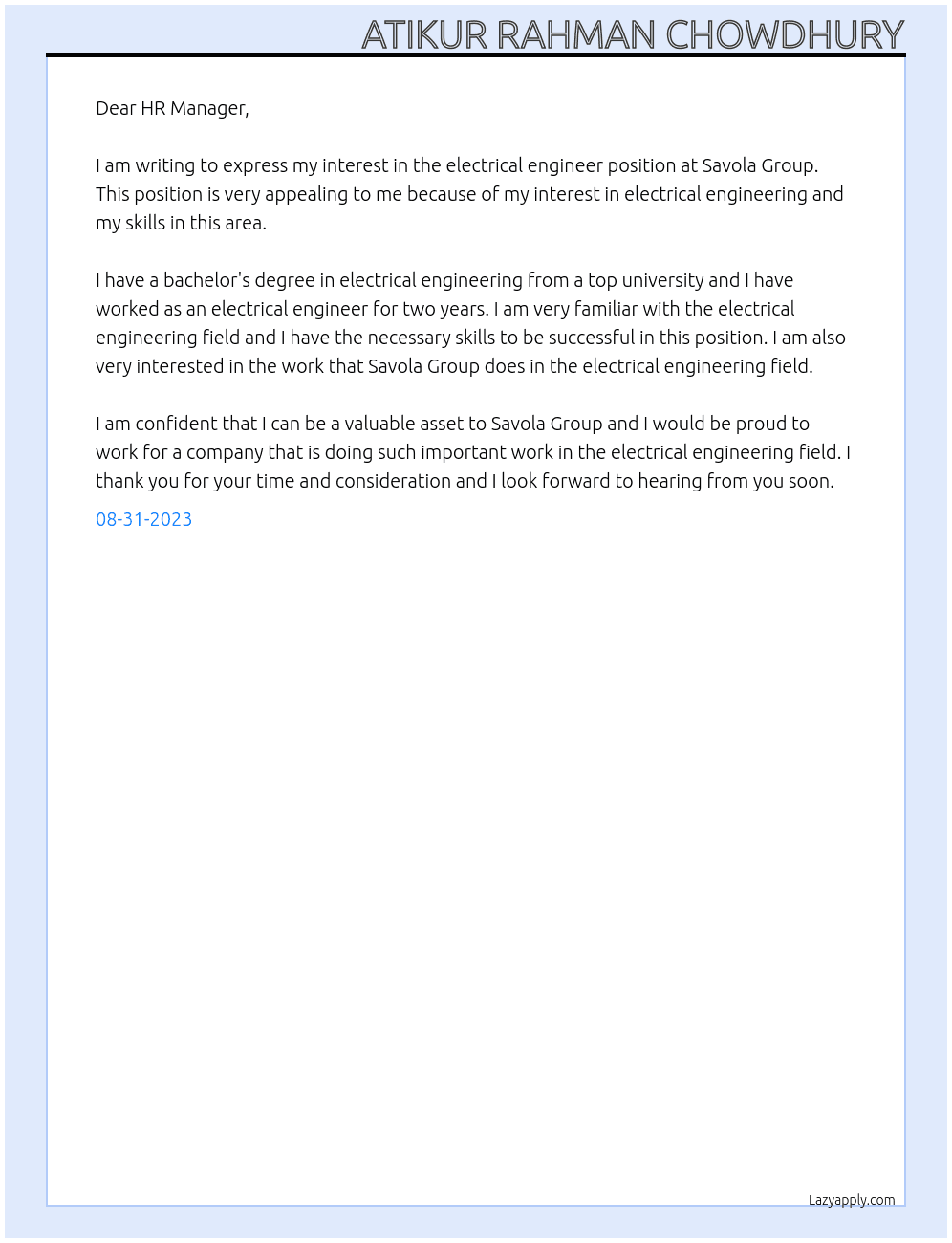 Electrical Engineer At Savola Group Cover Letter