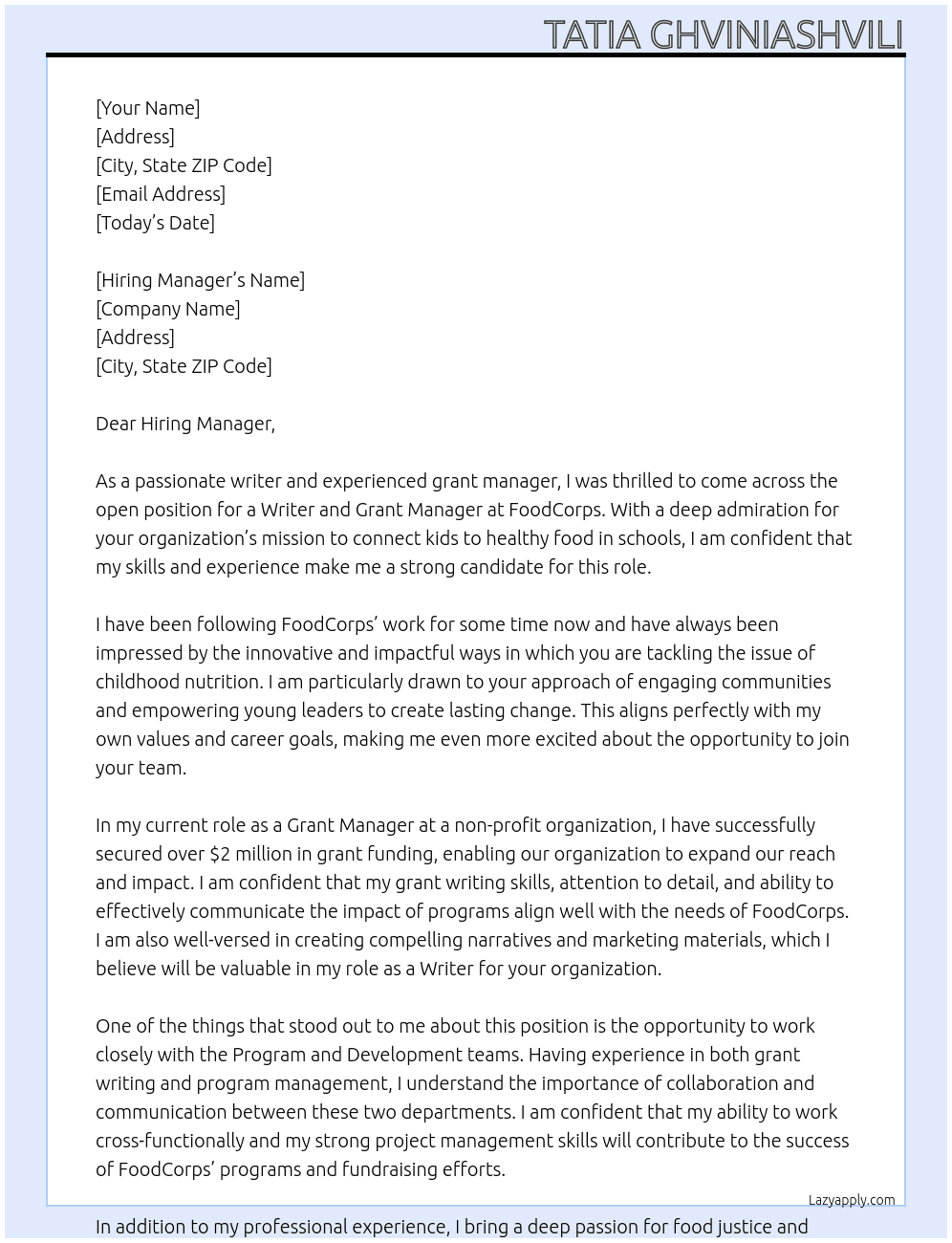 Writer and Grant Manager At FoodCorps Cover Letter